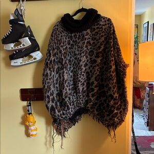 Leopard Print Turtleneck Poncho Sweater - Brown/Black